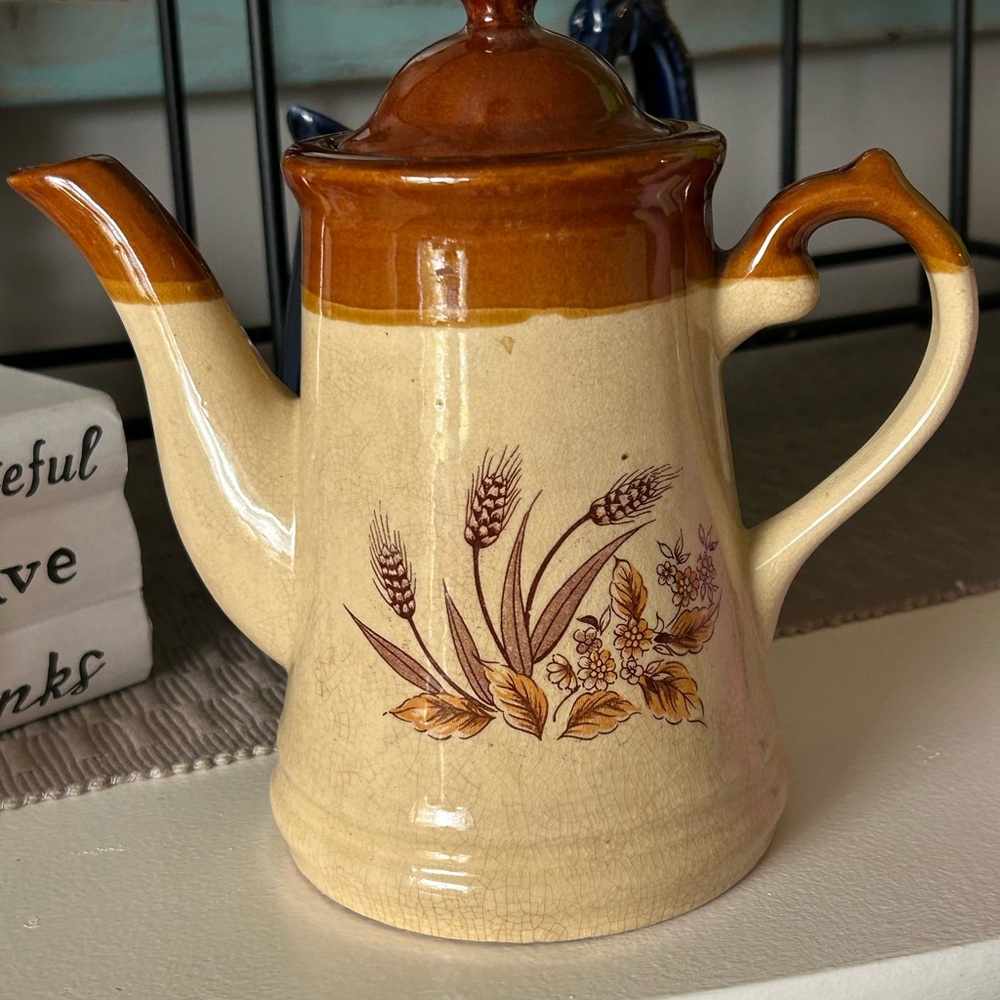 Vintage 70’s  Brown and Tan Ceramic Tea Pot Wheat Design
